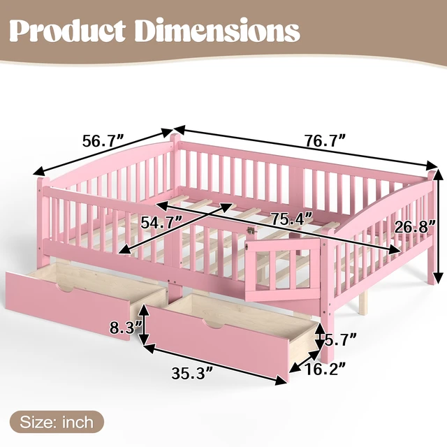 Alt view image 4 of 7 - Full Platform Bed with Full Length Guardrails, Kids Platform Bed with Storage Drawers Childlike and Headboard Design