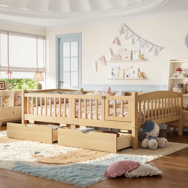Main image of Full Platform Bed with Full Length Guardrails, Kids Platform Bed with Storage Drawers Childlike and Headboard Design