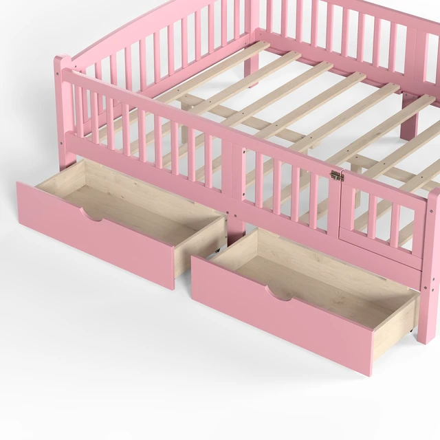 Alt view image 7 of 7 - Full Platform Bed with Full Length Guardrails, Kids Platform Bed with Storage Drawers Childlike and Headboard Design