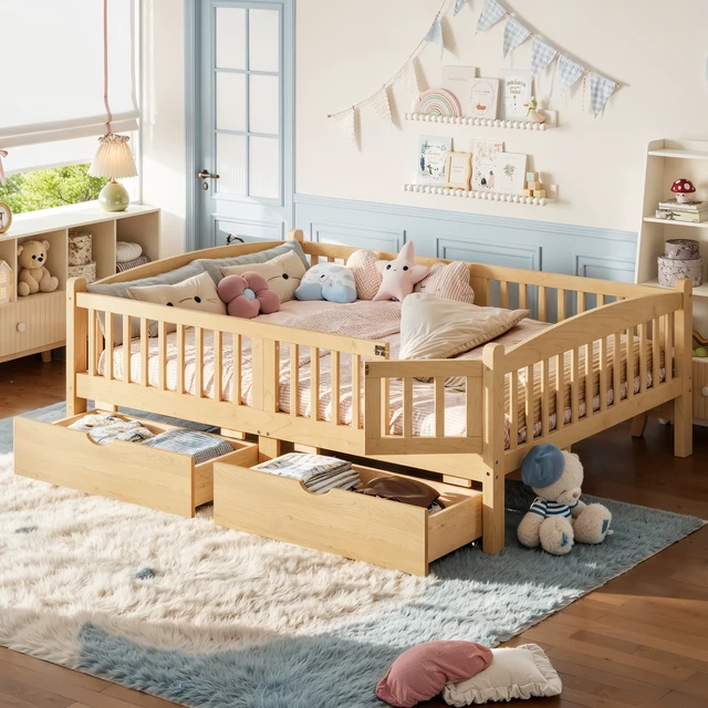 Alt view image 2 of 7 - Full Platform Bed with Full Length Guardrails, Kids Platform Bed with Storage Drawers Childlike and Headboard Design
