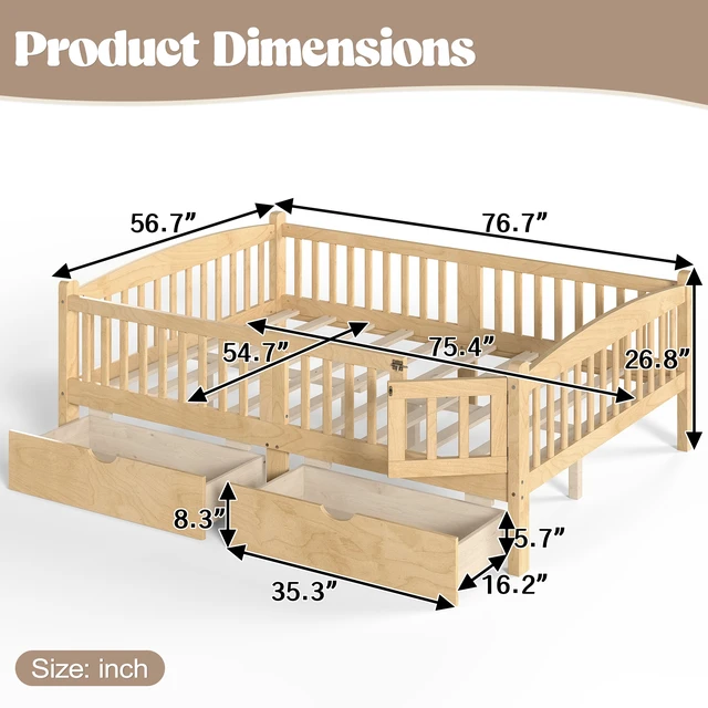 Alt view image 4 of 7 - Full Platform Bed with Full Length Guardrails, Kids Platform Bed with Storage Drawers Childlike and Headboard Design