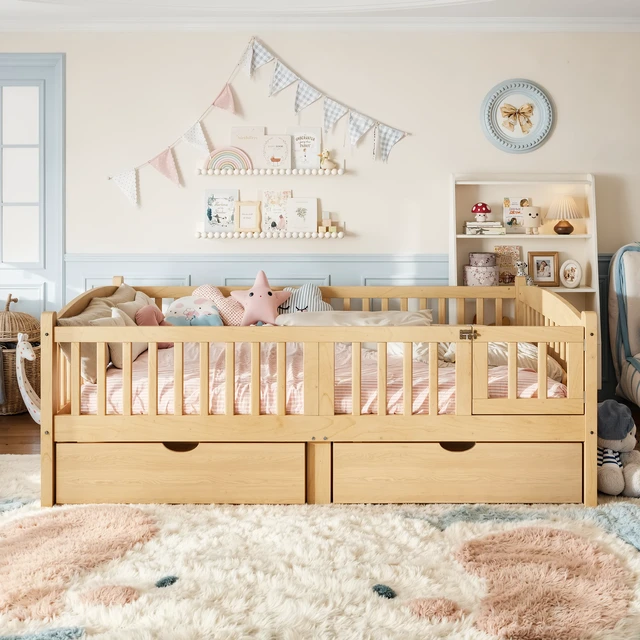 Alt view image 3 of 7 - Full Platform Bed with Full Length Guardrails, Kids Platform Bed with Storage Drawers Childlike and Headboard Design