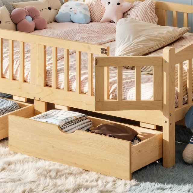 Alt view image 6 of 7 - Full Platform Bed with Full Length Guardrails, Kids Platform Bed with Storage Drawers Childlike and Headboard Design