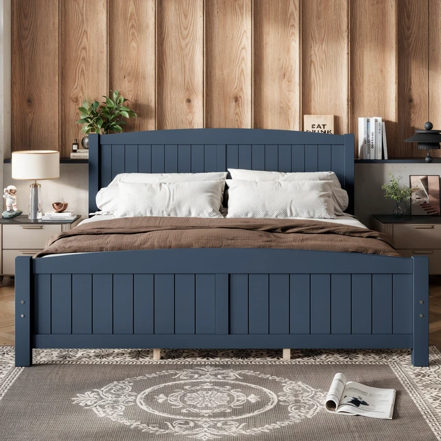 Alt view image 2 of 7 - King Size Platform Bed, Solid Platform Bed with Support Slats and Structure Box Spring Needed, Blue, MDF, Pine