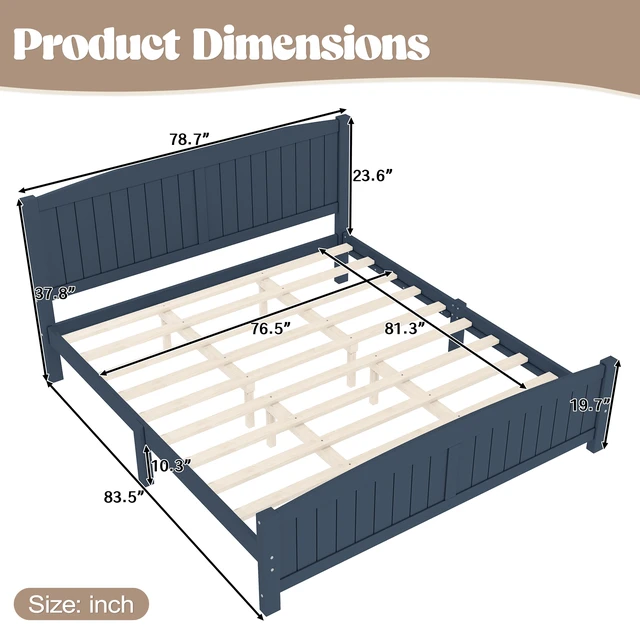 Alt view image 4 of 7 - King Size Platform Bed, Solid Platform Bed with Support Slats and Structure Box Spring Needed, Blue, MDF, Pine