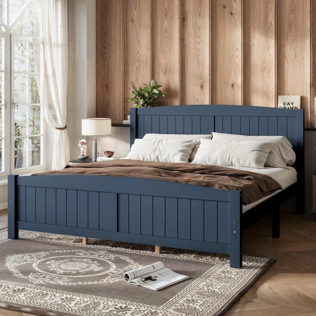 Main image of King Size Platform Bed, Solid Platform Bed with Support Slats and Structure Box Spring Needed, Blue, MDF, Pine