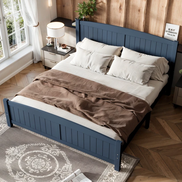 Alt view image 3 of 7 - King Size Platform Bed, Solid Platform Bed with Support Slats and Structure Box Spring Needed, Blue, MDF, Pine