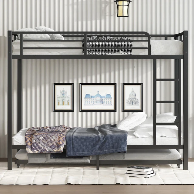 Alt view image 2 of 7 - Twin Over Twin Metal Bunk Bed with Size Trundle, Black, Beds Frames Bases