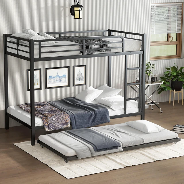 Alt view image 3 of 7 - Twin Over Twin Metal Bunk Bed with Size Trundle, Black, Beds Frames Bases