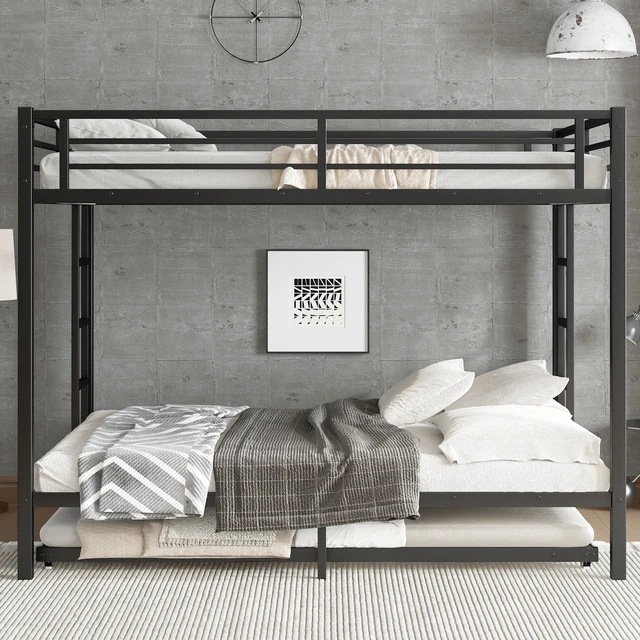 Alt view image 2 of 7 - Queen Over Queen Metal Bunk Bed with Twin Size Trundle, Black, Beds Frames Bases