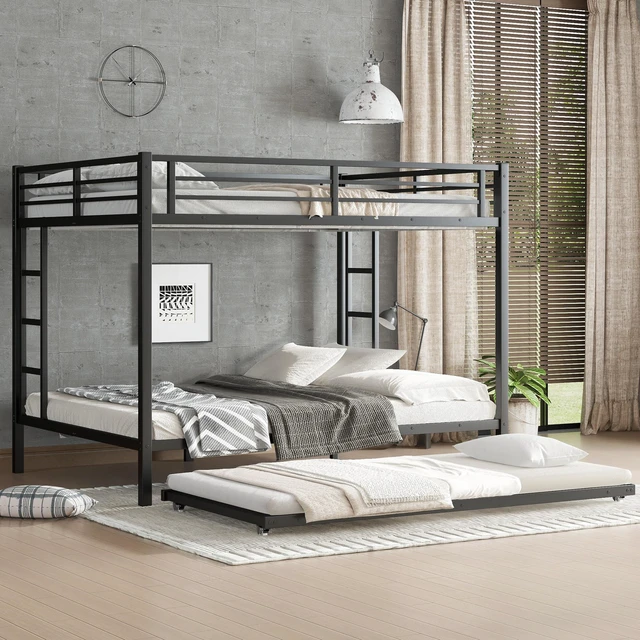 Main image of Queen Over Queen Metal Bunk Bed with Twin Size Trundle, Black, Beds Frames Bases