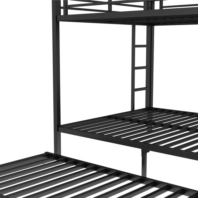 Alt view image 5 of 7 - Queen Over Queen Metal Bunk Bed with Twin Size Trundle, Black, Beds Frames Bases