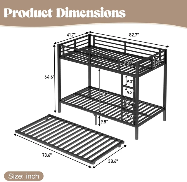 Alt view image 4 of 7 - Twin Over Twin Metal Bunk Bed with Size Trundle, Black, Beds Frames Bases