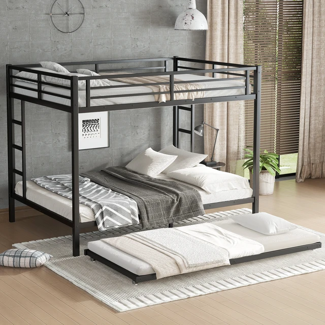 Alt view image 3 of 7 - Queen Over Queen Metal Bunk Bed with Twin Size Trundle, Black, Beds Frames Bases