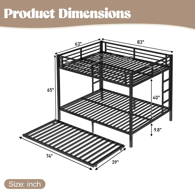 Alt view image 4 of 7 - Queen Over Queen Metal Bunk Bed with Twin Size Trundle, Black, Beds Frames Bases