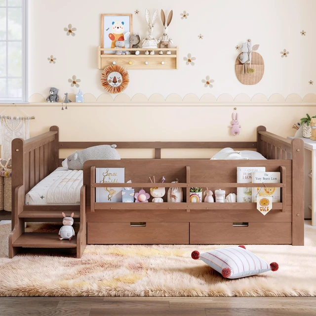 Alt view image 2 of 7 - Full Size Floor Bed with Storage Bookcases and Drawers, Solid Kids Floor Bed with Stairs and Guardrails Box Spring