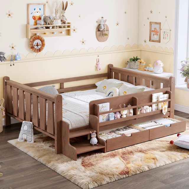 Main image of Full Size Floor Bed with Storage Bookcases and Drawers, Solid Kids Floor Bed with Stairs and Guardrails Box Spring