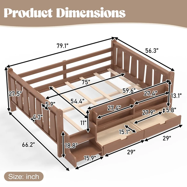 Alt view image 7 of 7 - Full Size Floor Bed with Storage Bookcases and Drawers, Solid Kids Floor Bed with Stairs and Guardrails Box Spring