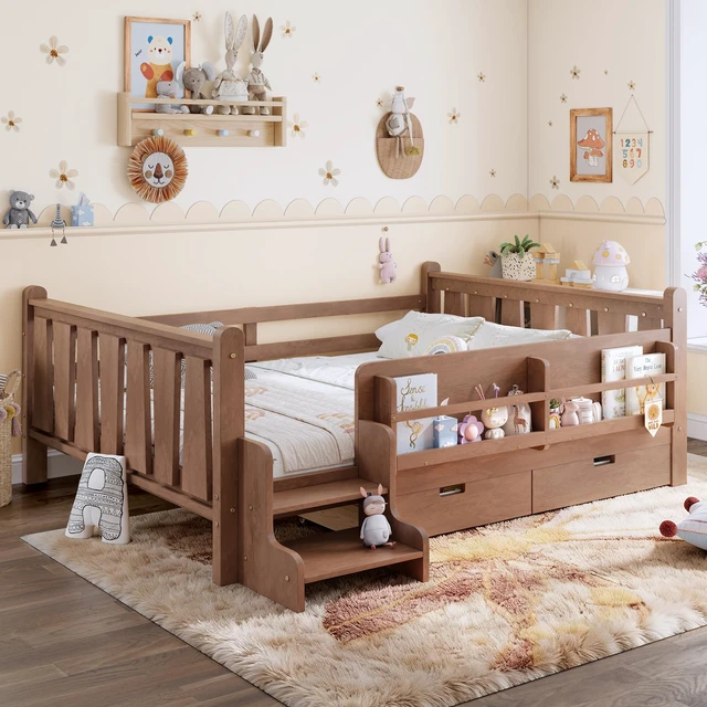 Alt view image 3 of 7 - Full Size Floor Bed with Storage Bookcases and Drawers, Solid Kids Floor Bed with Stairs and Guardrails Box Spring