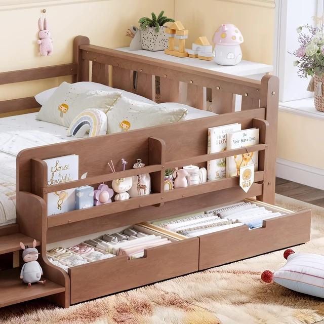 Alt view image 4 of 7 - Full Size Floor Bed with Storage Bookcases and Drawers, Solid Kids Floor Bed with Stairs and Guardrails Box Spring