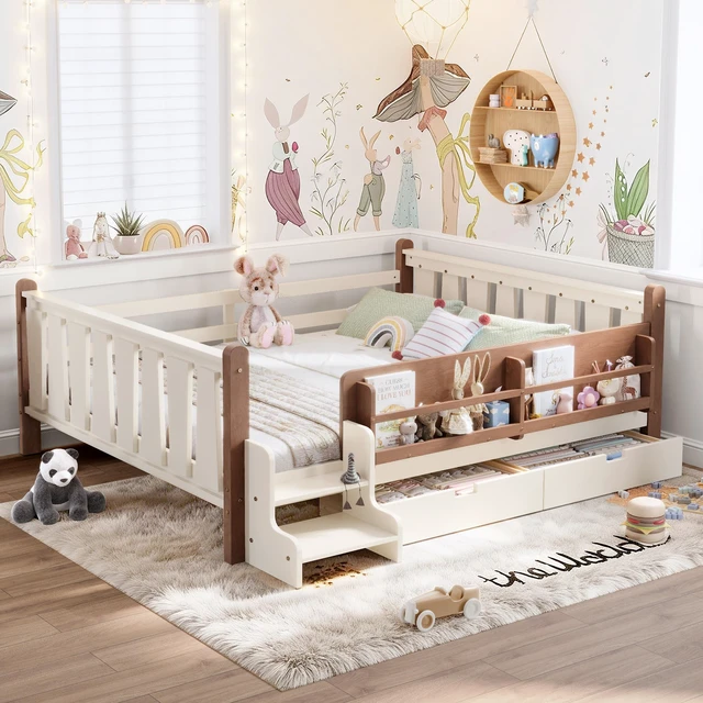 Main image of Queen Size Floor Bed with Storage Bookcases and Drawers, Solid Kids Floor Bed with Stairs and Guardrails Box Spring