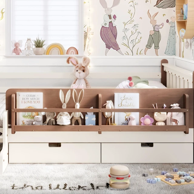 Alt view image 5 of 7 - Queen Size Floor Bed with Storage Bookcases and Drawers, Solid Kids Floor Bed with Stairs and Guardrails Box Spring