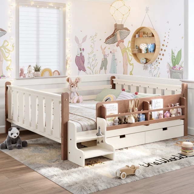 Alt view image 3 of 7 - Queen Size Floor Bed with Storage Bookcases and Drawers, Solid Kids Floor Bed with Stairs and Guardrails Box Spring