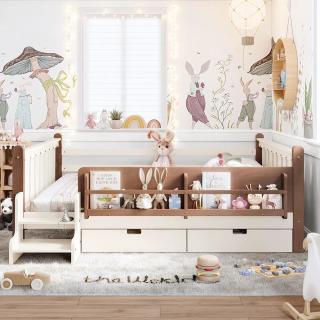 Alt view image 2 of 7 - Queen Size Floor Bed with Storage Bookcases and Drawers, Solid Kids Floor Bed with Stairs and Guardrails Box Spring