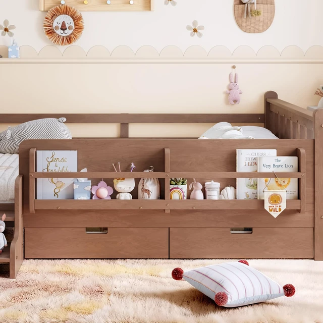 Alt view image 5 of 7 - Full Size Floor Bed with Storage Bookcases and Drawers, Solid Kids Floor Bed with Stairs and Guardrails Box Spring