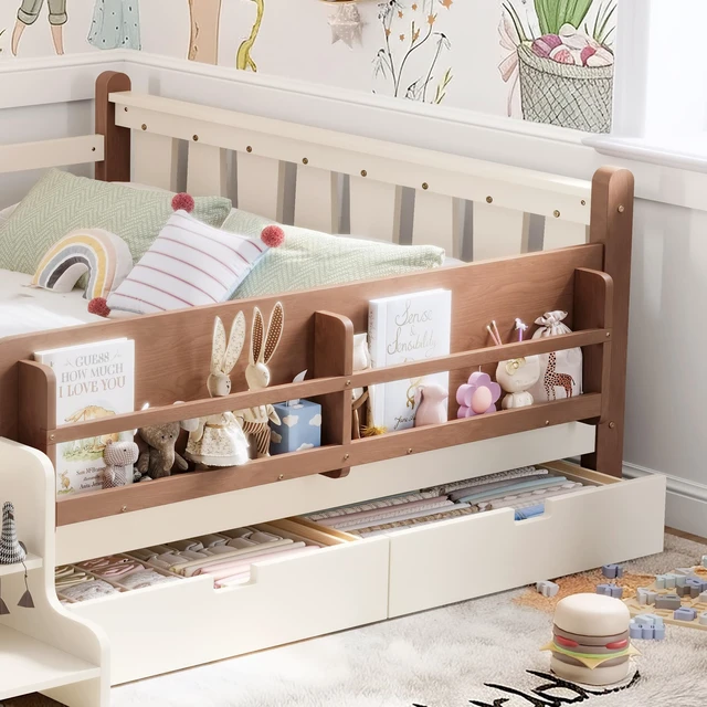 Alt view image 4 of 7 - Queen Size Floor Bed with Storage Bookcases and Drawers, Solid Kids Floor Bed with Stairs and Guardrails Box Spring
