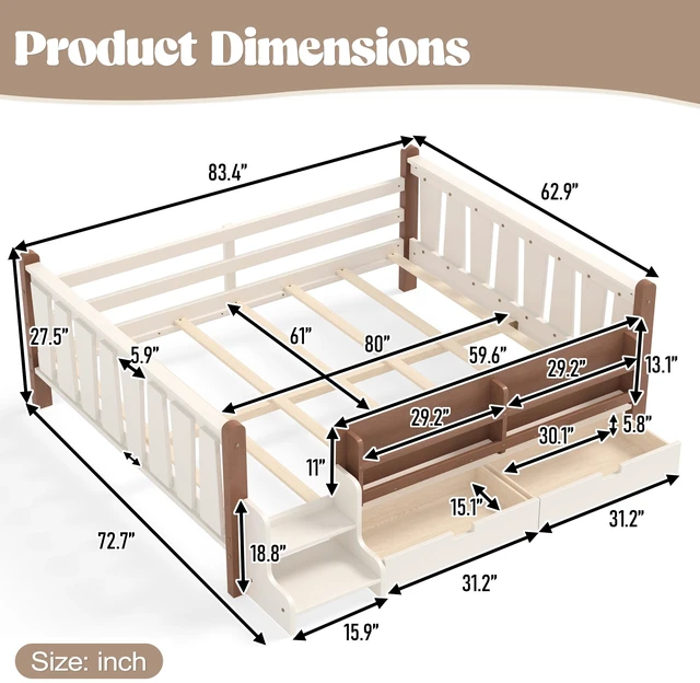 Alt view image 7 of 7 - Queen Size Floor Bed with Storage Bookcases and Drawers, Solid Kids Floor Bed with Stairs and Guardrails Box Spring