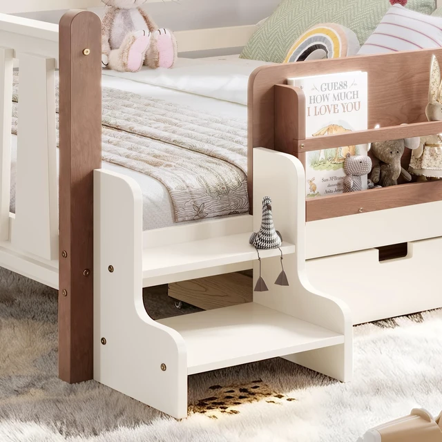 Alt view image 6 of 7 - Queen Size Floor Bed with Storage Bookcases and Drawers, Solid Kids Floor Bed with Stairs and Guardrails Box Spring