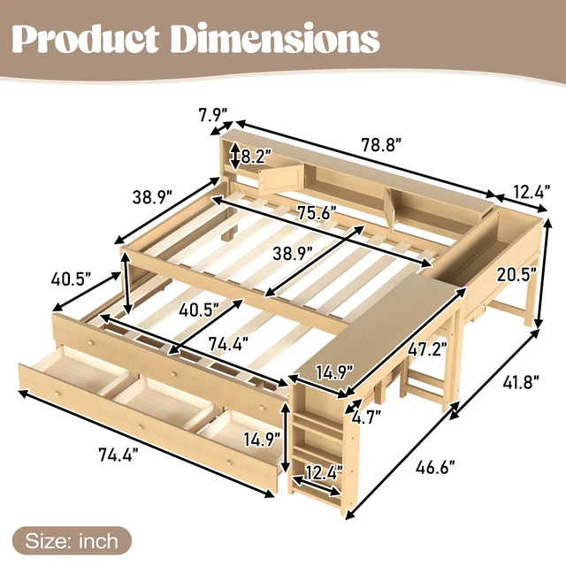 Alt view image 4 of 7 - Twin Size Daybed with Trundle, Daybed Frame with Storage Drawers Side Shelves and Desk, Light Natural, MDF, Pine