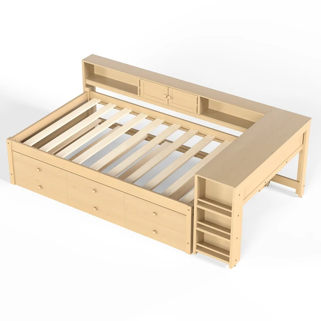Alt view image 7 of 7 - Twin Size Daybed with Trundle, Daybed Frame with Storage Drawers Side Shelves and Desk, Light Natural, MDF, Pine