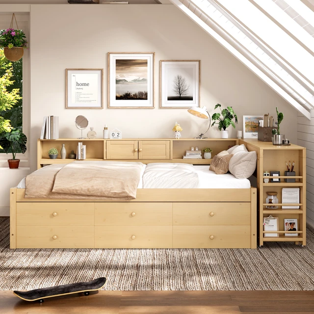 Alt view image 2 of 7 - Twin Size Daybed with Trundle, Daybed Frame with Storage Drawers Side Shelves and Desk, Light Natural, MDF, Pine