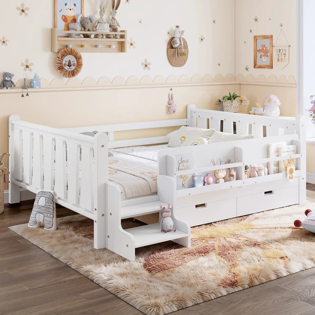 Main image of Full Size Floor Bed with Storage Bookcases and Drawers, Solid Kids Floor Bed with Stairs and Guardrails Box Spring