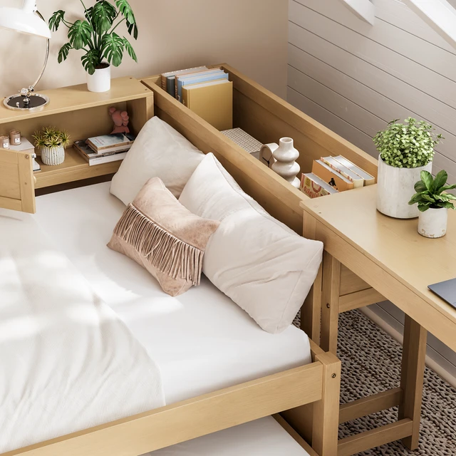 Alt view image 6 of 7 - Twin Size Daybed with Trundle, Daybed Frame with Storage Drawers Side Shelves and Desk, Light Natural, MDF, Pine
