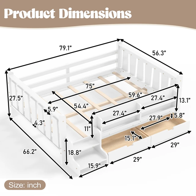 Alt view image 4 of 7 - Full Size Floor Bed with Storage Bookcases and Drawers, Solid Kids Floor Bed with Stairs and Guardrails Box Spring