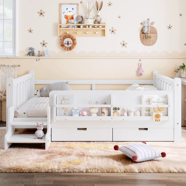 Alt view image 2 of 7 - Full Size Floor Bed with Storage Bookcases and Drawers, Solid Kids Floor Bed with Stairs and Guardrails Box Spring