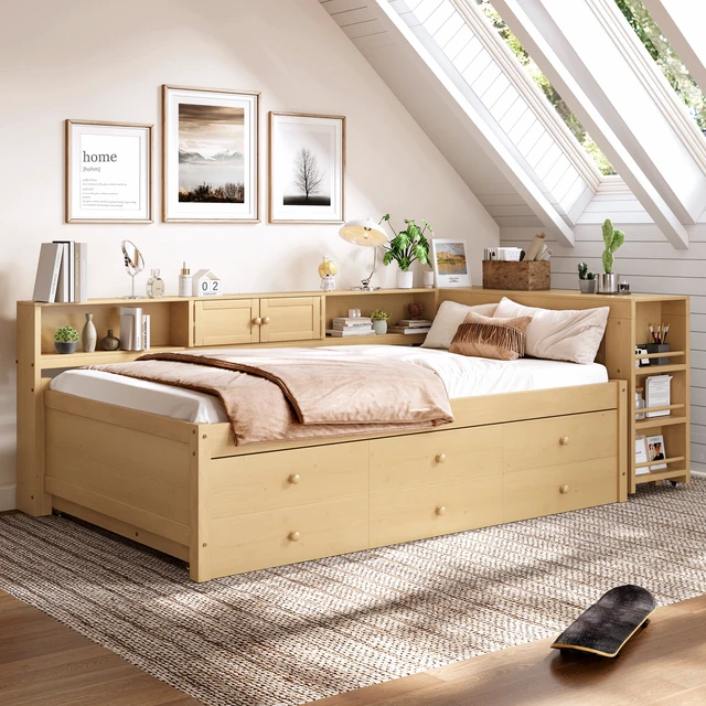 Alt view image 3 of 7 - Twin Size Daybed with Trundle, Daybed Frame with Storage Drawers Side Shelves and Desk, Light Natural, MDF, Pine