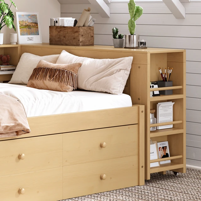 Alt view image 5 of 7 - Twin Size Daybed with Trundle, Daybed Frame with Storage Drawers Side Shelves and Desk, Light Natural, MDF, Pine