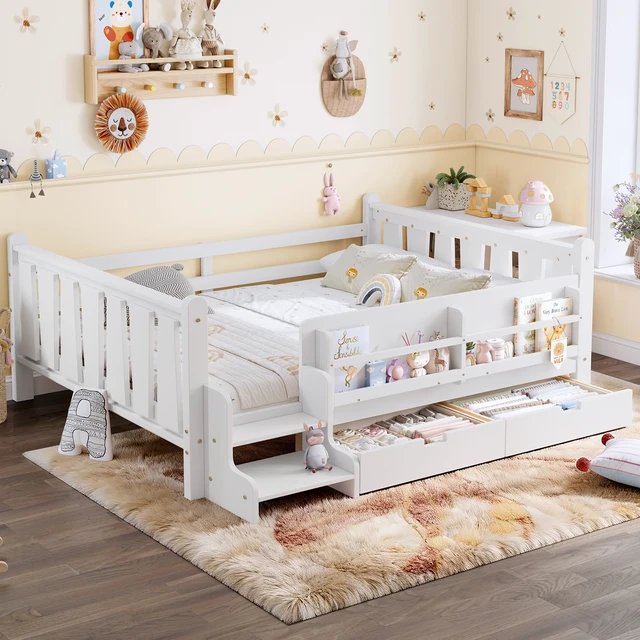 Alt view image 3 of 7 - Full Size Floor Bed with Storage Bookcases and Drawers, Solid Kids Floor Bed with Stairs and Guardrails Box Spring