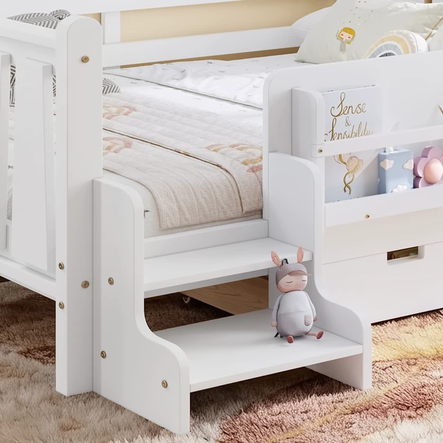 Alt view image 6 of 7 - Full Size Floor Bed with Storage Bookcases and Drawers, Solid Kids Floor Bed with Stairs and Guardrails Box Spring