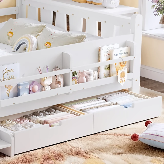 Alt view image 5 of 7 - Full Size Floor Bed with Storage Bookcases and Drawers, Solid Kids Floor Bed with Stairs and Guardrails Box Spring