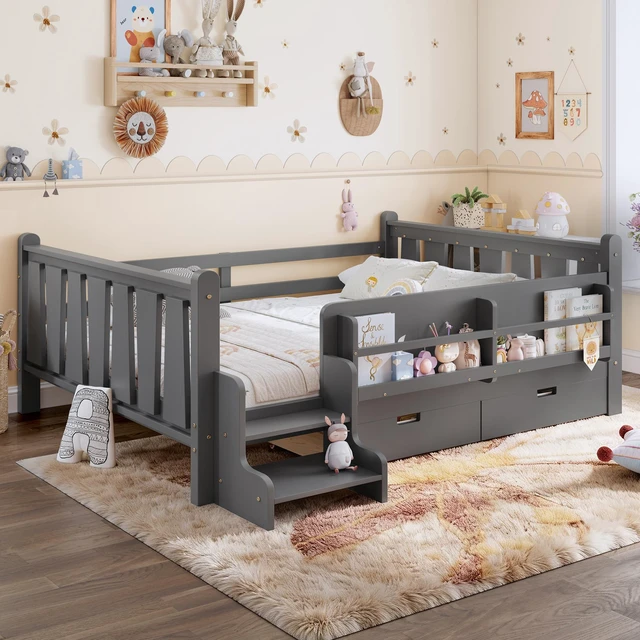 Alt view image 2 of 7 - Full Size Floor Bed with Storage Bookcases and Drawers, Solid Kids Floor Bed with Stairs and Guardrails Box Spring