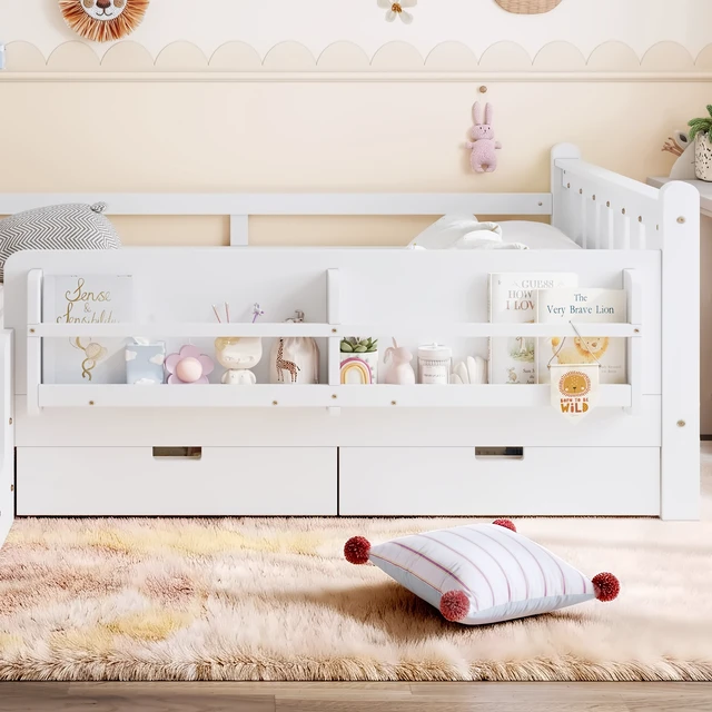 Alt view image 7 of 7 - Full Size Floor Bed with Storage Bookcases and Drawers, Solid Kids Floor Bed with Stairs and Guardrails Box Spring