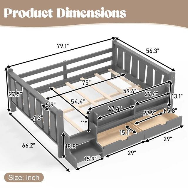 Alt view image 4 of 7 - Full Size Floor Bed with Storage Bookcases and Drawers, Solid Kids Floor Bed with Stairs and Guardrails Box Spring