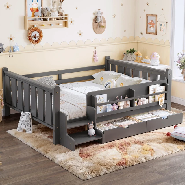 Main image of Full Size Floor Bed with Storage Bookcases and Drawers, Solid Kids Floor Bed with Stairs and Guardrails Box Spring