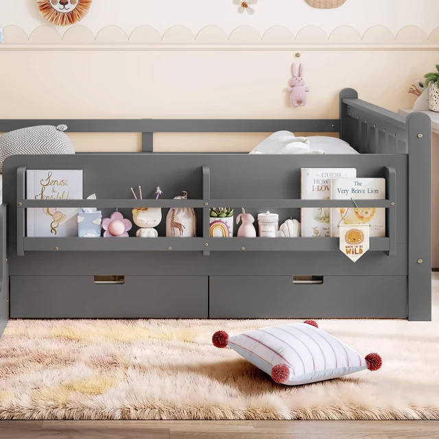 Alt view image 5 of 7 - Full Size Floor Bed with Storage Bookcases and Drawers, Solid Kids Floor Bed with Stairs and Guardrails Box Spring