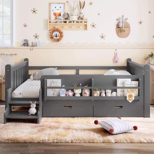 Alt view image 3 of 7 - Full Size Floor Bed with Storage Bookcases and Drawers, Solid Kids Floor Bed with Stairs and Guardrails Box Spring